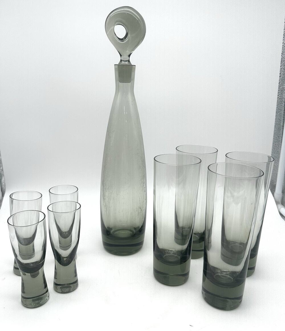 VTG 9 Pcs Per Lütken 1960s Aristokrat Decanter, Glass Set, Danish Modern Barware